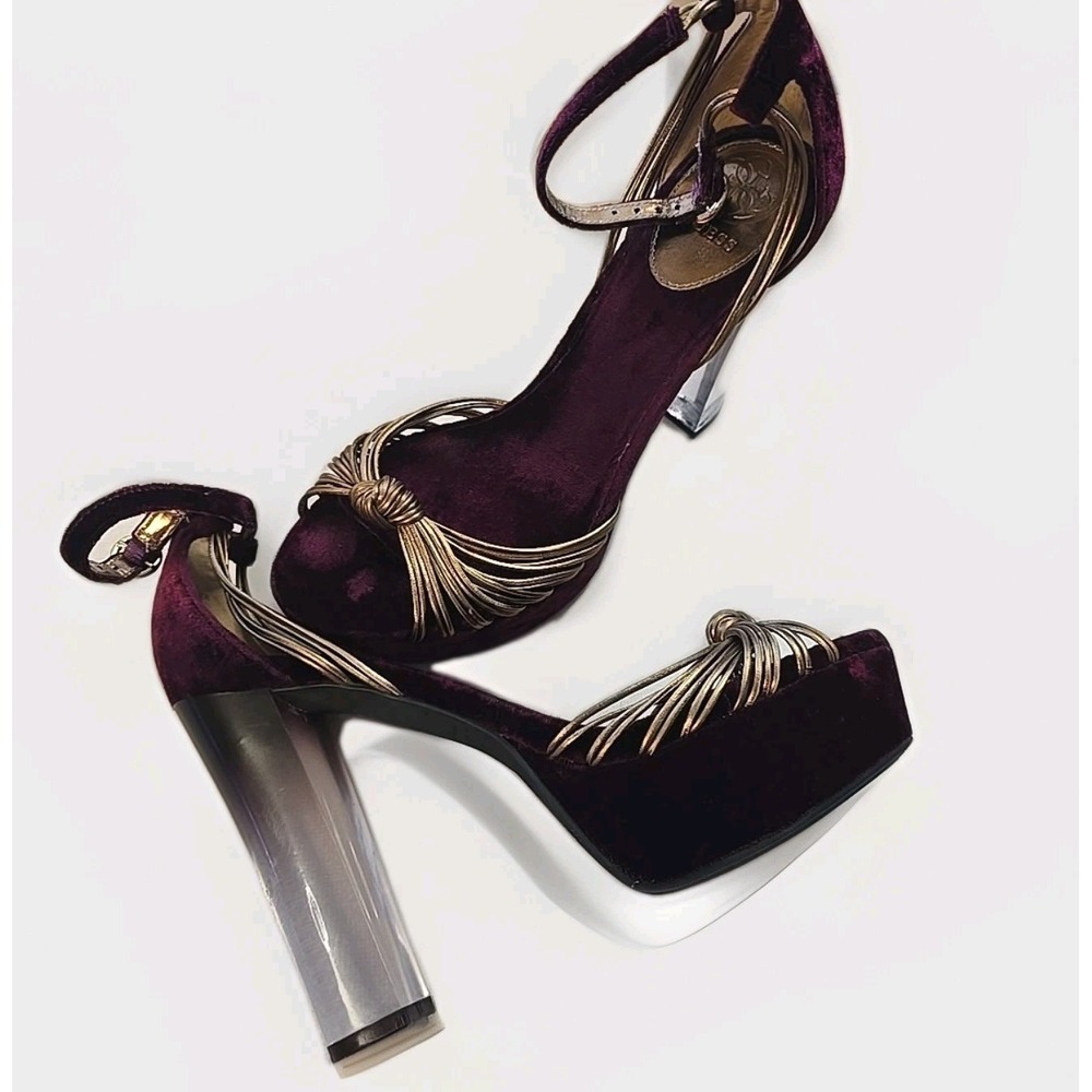 GUESS Peakaboo Platform Open Toe Purple Velvet Suede & Bronze Gold Heels US 9.5